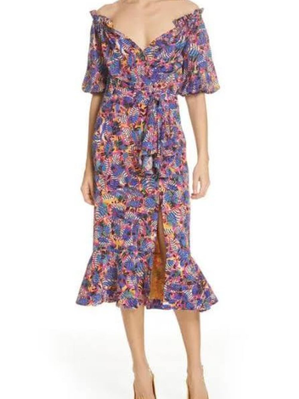 Saloni Olivia Silk Mixed Graphic Blue Pink Botanical Ruffle Midi Dress Size 12